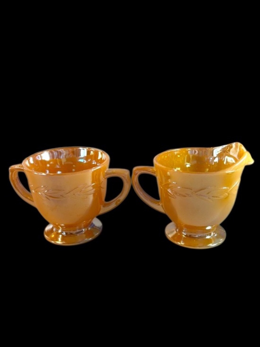 Vtg. Anchor Hocking Fire-King Peach Luster Sugar Bowl & Creamer Set| Laurel Leaf